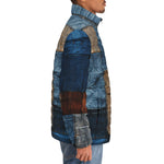 Down-Padded Puffer Jacket Blue and Brown Denim Patchwork Print