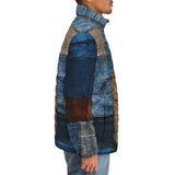 Down-Padded Puffer Jacket Blue and Brown Denim Patchwork Print