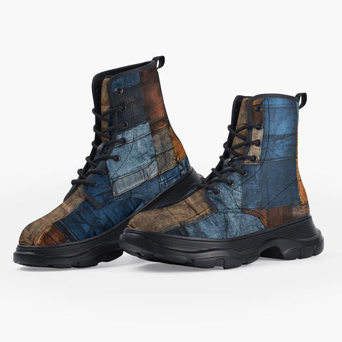 Casual Leather Chunky Boots Blue and Brown Denim Patchwork Print