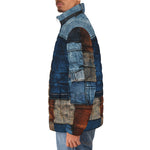 Down-Padded Puffer Jacket Blue and Brown Denim Patchwork Print