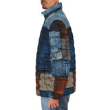 Down-Padded Puffer Jacket Blue and Brown Denim Patchwork Print