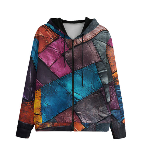 Men's Zip Up Hoodie Colorful Leather Patchwork