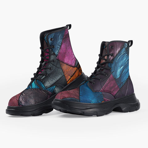 Casual Leather Chunky Boots Colorful Leather Patchwork Print