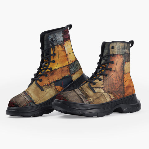 Casual Leather Chunky Boots Abstract Cloth Patchwork Print