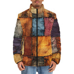 Down-Padded Puffer Jacket Tattered Fabric Patchwork Print