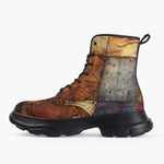 Casual Leather Chunky Boots Tattered Fabric Patchwork Print