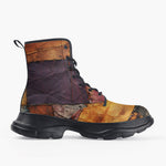 Casual Leather Chunky Boots Tattered Fabric Patchwork Print