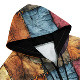 Men's Zip Up Hoodie Tattered Fabric Patchwork