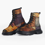 Casual Leather Chunky Boots Tattered Fabric Patchwork Print