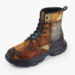 Casual Leather Chunky Boots Tattered Fabric Patchwork Print