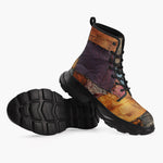 Casual Leather Chunky Boots Tattered Fabric Patchwork Print