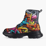 Casual Leather Chunky Boots Colorful Graffiti Art