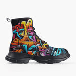 Casual Leather Chunky Boots Colorful Graffiti Art