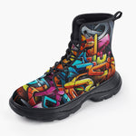 Casual Leather Chunky Boots Colorful Graffiti Art