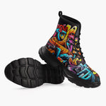 Casual Leather Chunky Boots Colorful Graffiti Art