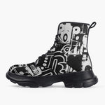 Casual Leather Chunky Boots Black and White Graffiti Art