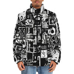 Down-Padded Puffer Jacket Black and White Graffiti Art