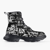 Casual Leather Chunky Boots Black and White Graffiti Art