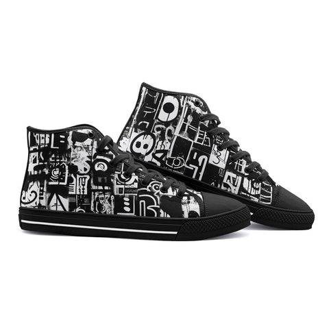 High-Top Canvas Shoes Black and White Graffiti Art