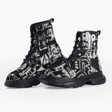 Casual Leather Chunky Boots Black and White Graffiti Art