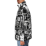 Down-Padded Puffer Jacket Black and White Graffiti Art