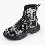 Casual Leather Chunky Boots Black and White Graffiti Art