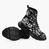 Casual Leather Chunky Boots Black and White Graffiti Art