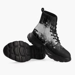 Casual Leather Chunky Boots Black and White Abstraction