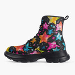 Casual Leather Chunky Boots Colorful Stars Art