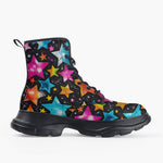 Casual Leather Chunky Boots Colorful Stars Art