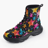 Casual Leather Chunky Boots Colorful Stars Art