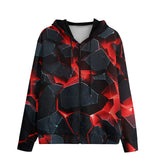 Men's Zip Up Hoodie Black Rocks in Red Flames