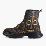 Casual Leather Chunky Boots Carved Wood African Patterns