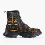 Casual Leather Chunky Boots Carved Wood African Patterns