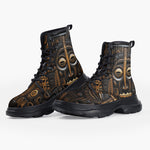 Casual Leather Chunky Boots Carved Wood African Patterns