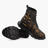 Casual Leather Chunky Boots Carved Wood African Patterns