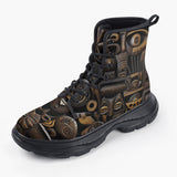 Casual Leather Chunky Boots African Wooden Masks Carvings