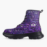 Casual Leather Chunky Boots Purple Grotesque Faces Artwork