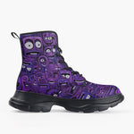 Casual Leather Chunky Boots Purple Grotesque Faces Artwork