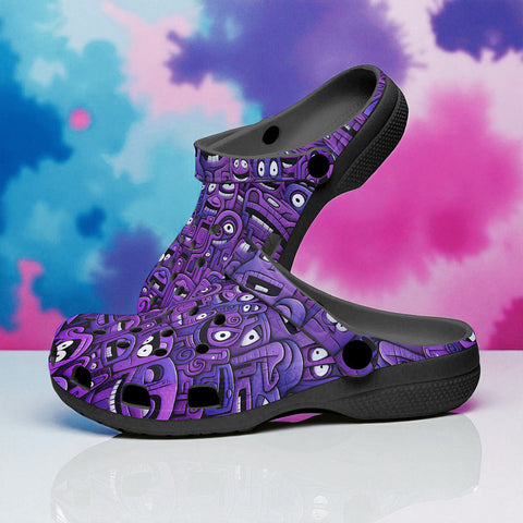 Classic Clogs Purple Grotesque Faces Artwork