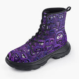 Casual Leather Chunky Boots Purple Grotesque Faces Artwork