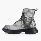 Casual Leather Chunky Boots Robot Head Pencil Drawing