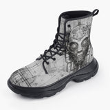 Casual Leather Chunky Boots Robot Head Pencil Drawing