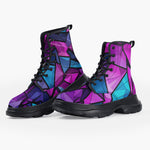 Casual Leather Chunky Boots Blue Violet Polygonal Glass