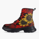 Casual Leather Chunky Boots Floral Red Yellow Drawings