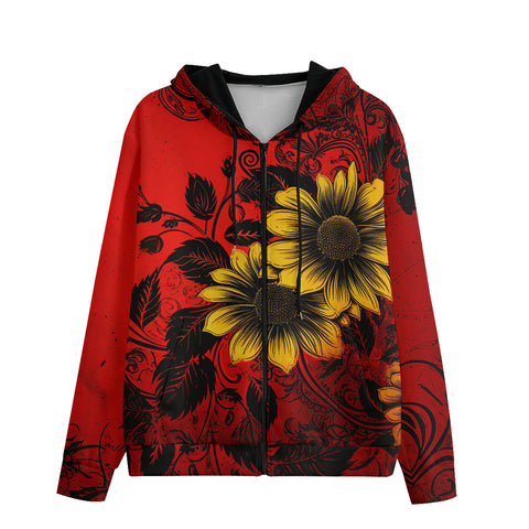 Men's Zip Up Hoodie Floral Red Yellow Drawings