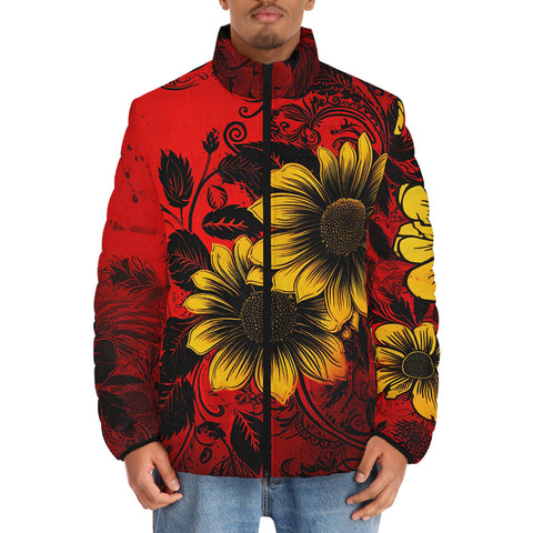 Down-Padded Puffer Jacket Floral Red Yellow Drawings
