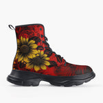 Casual Leather Chunky Boots Floral Red Yellow Drawings