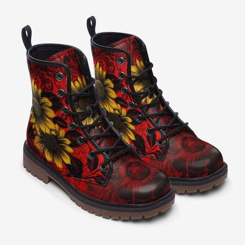 Leather Boots Floral Red Yellow Drawings