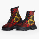 Casual Leather Chunky Boots Floral Red Yellow Drawings